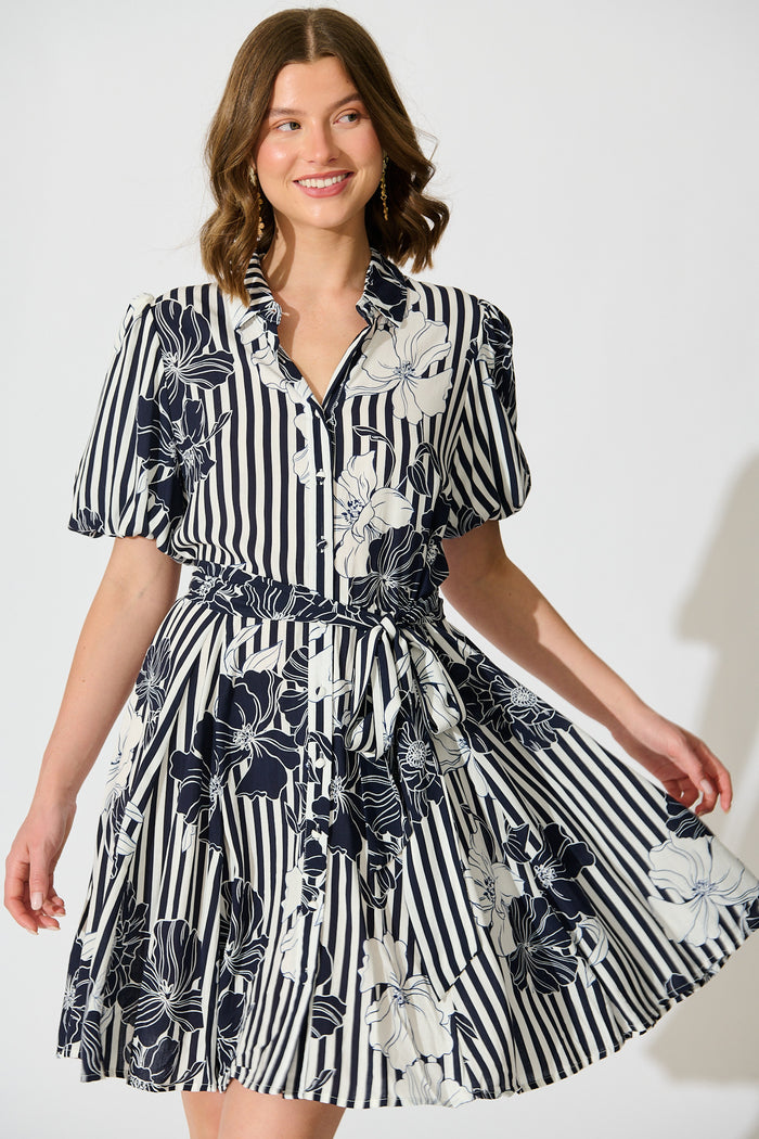 Coastal Charm Shirt Dress in Navy Stripe Floral front