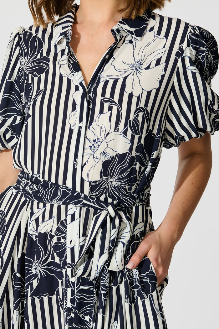 Coastal Charm Shirt Dress in Navy Stripe Floral detail