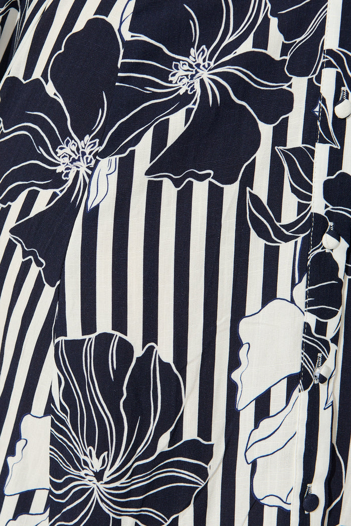 Coastal Charm Shirt Dress in Navy Stripe Floral fabric