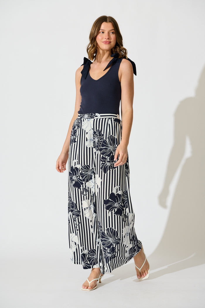Sailbloom Pant in Navy Stripe Floral full length