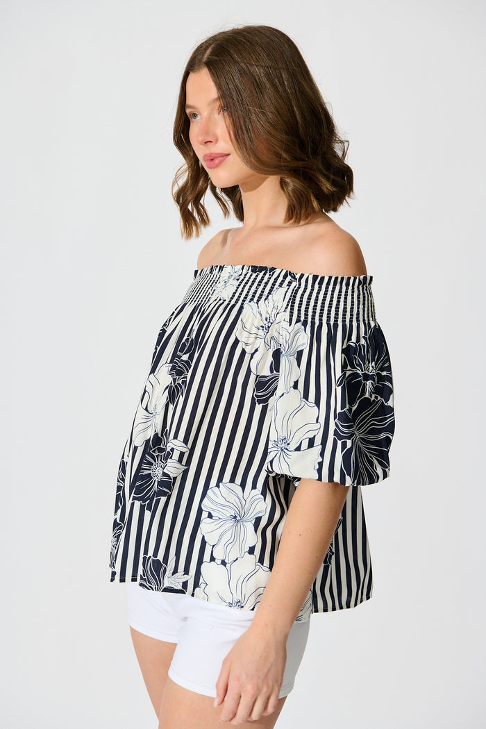 Marina Off Shoulder Top in Navy Stripe Floral side