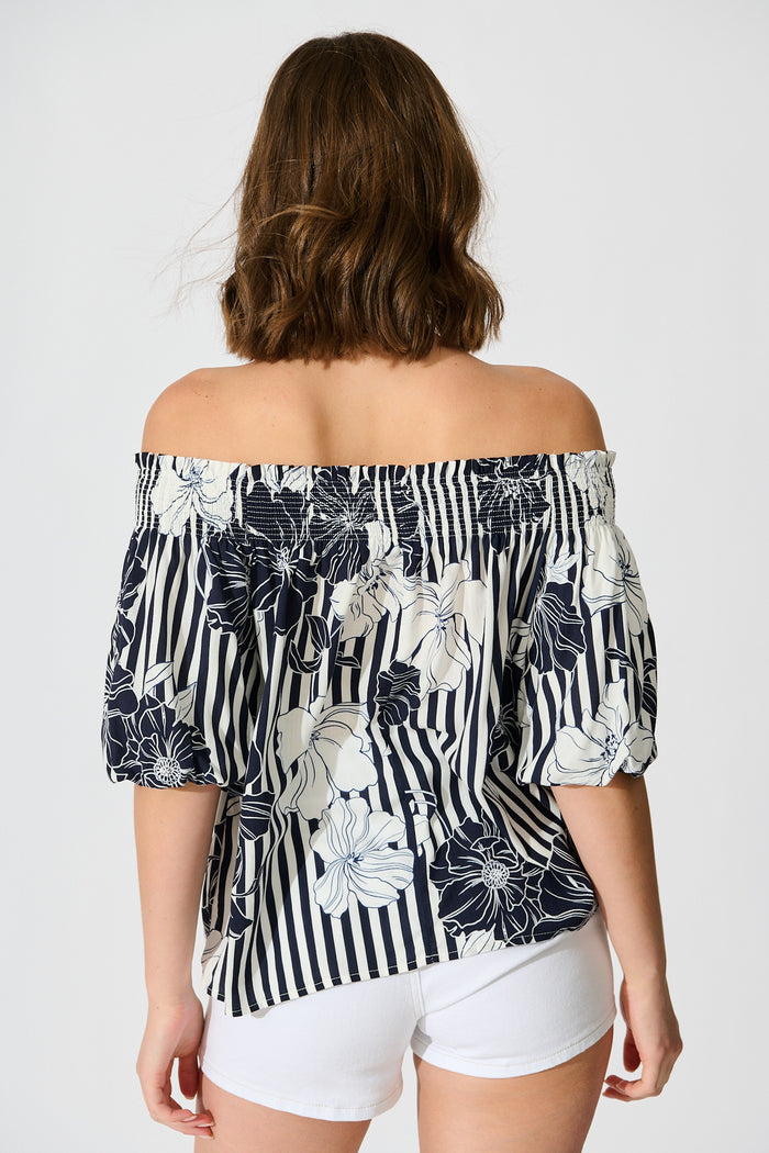 Marina Off Shoulder Top in Navy Stripe Floral back