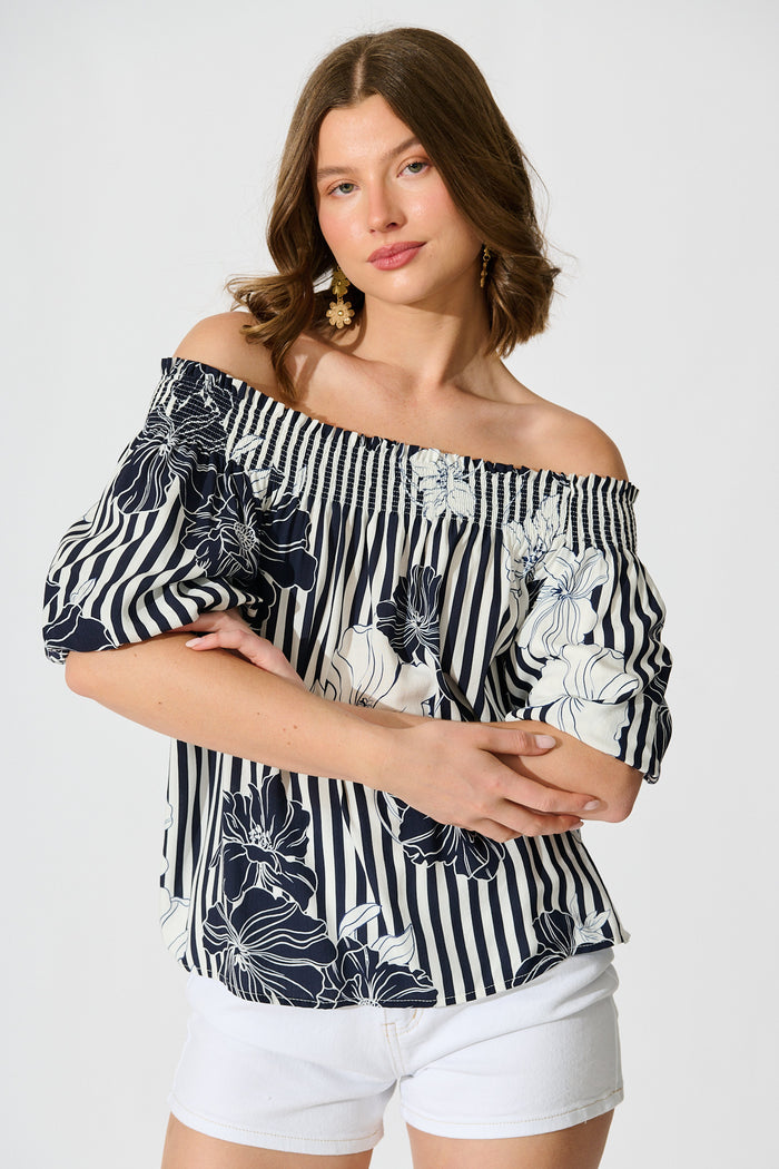 Marina Off Shoulder Top in Navy Stripe Floral front