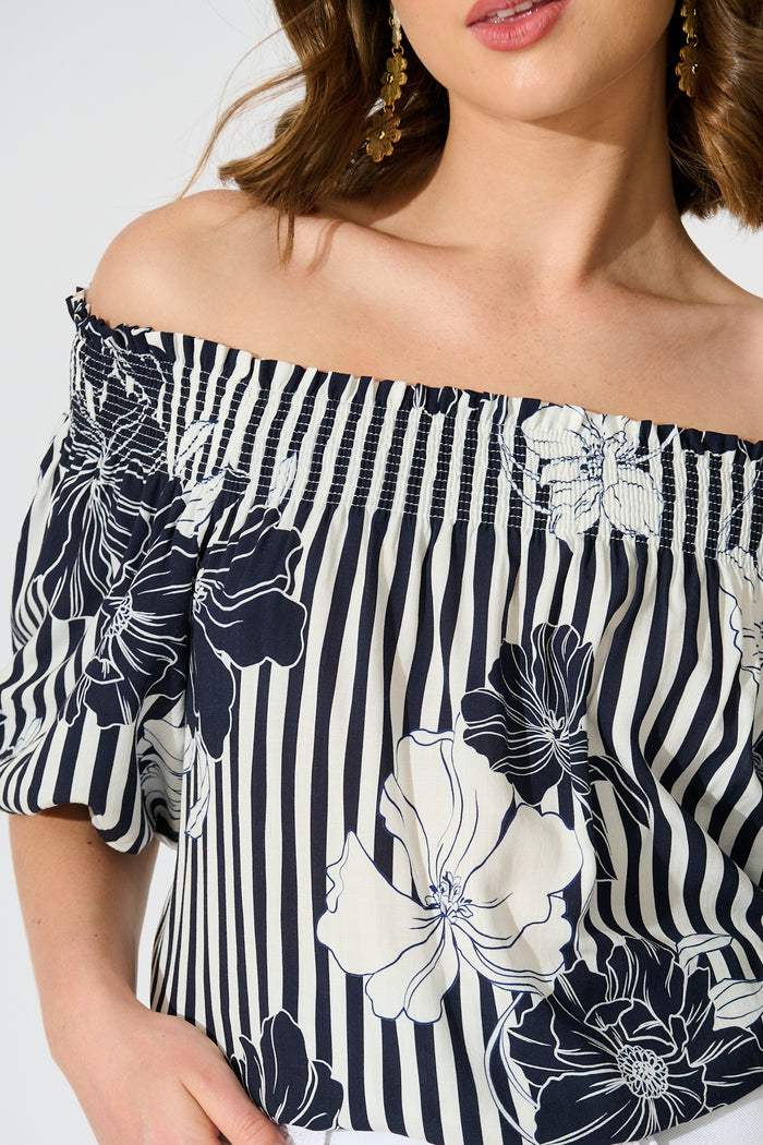 Marina Off Shoulder Top in Navy Stripe Floral detail