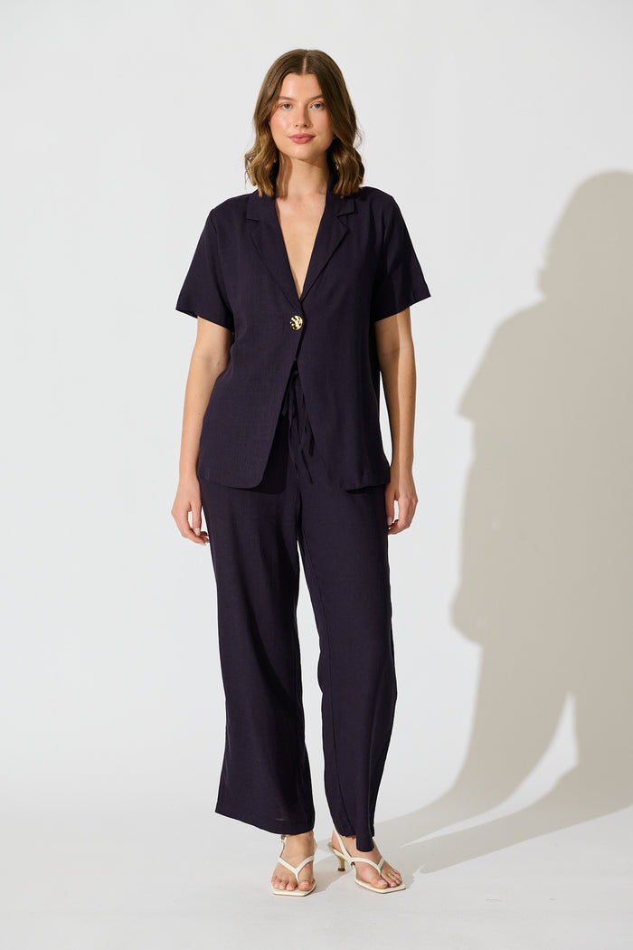 Soft Structure Top In Navy Cotton Linen full length set