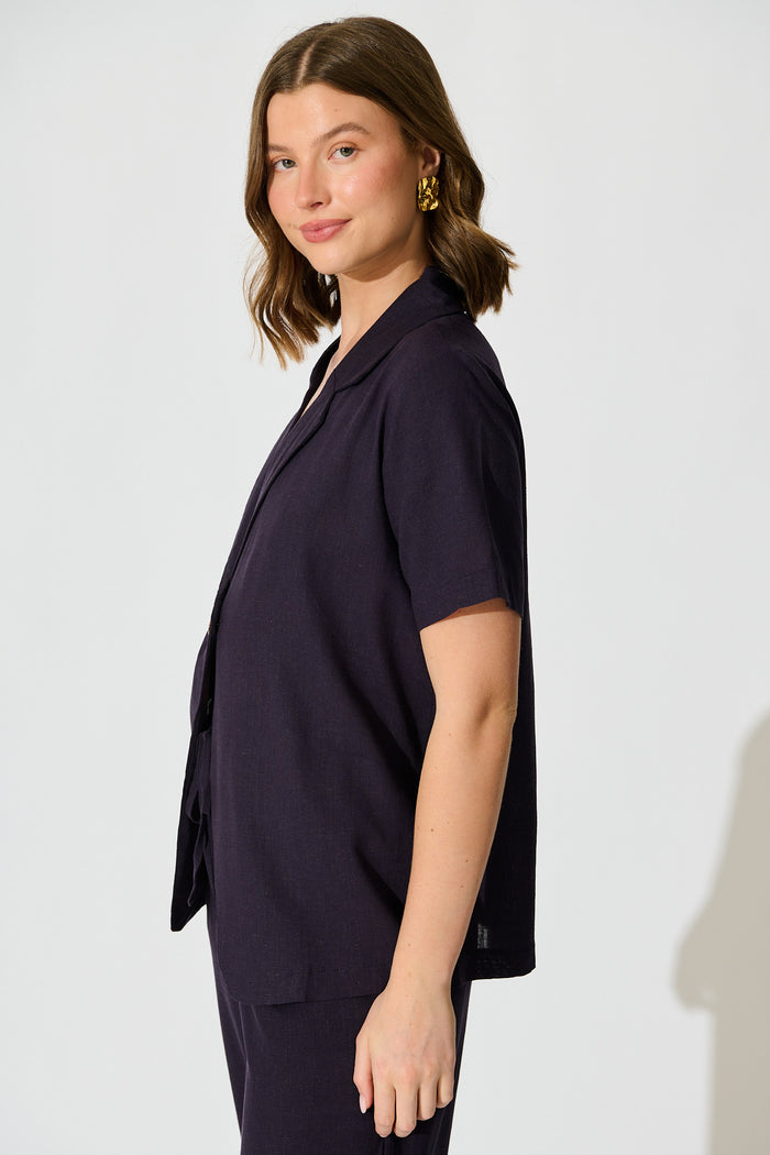 Soft Structure Top In Navy Cotton Linen side