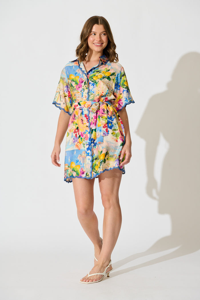 Miela Shirt Dress in Multi Floral with Navy Trim full length