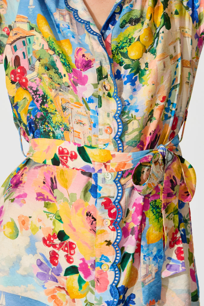 Miela Shirt Dress in Multi Floral with Navy Trim detail