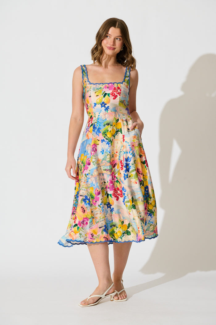 Tuscan Muse Midi Sundress in Multi Floral with Navy Trim full length