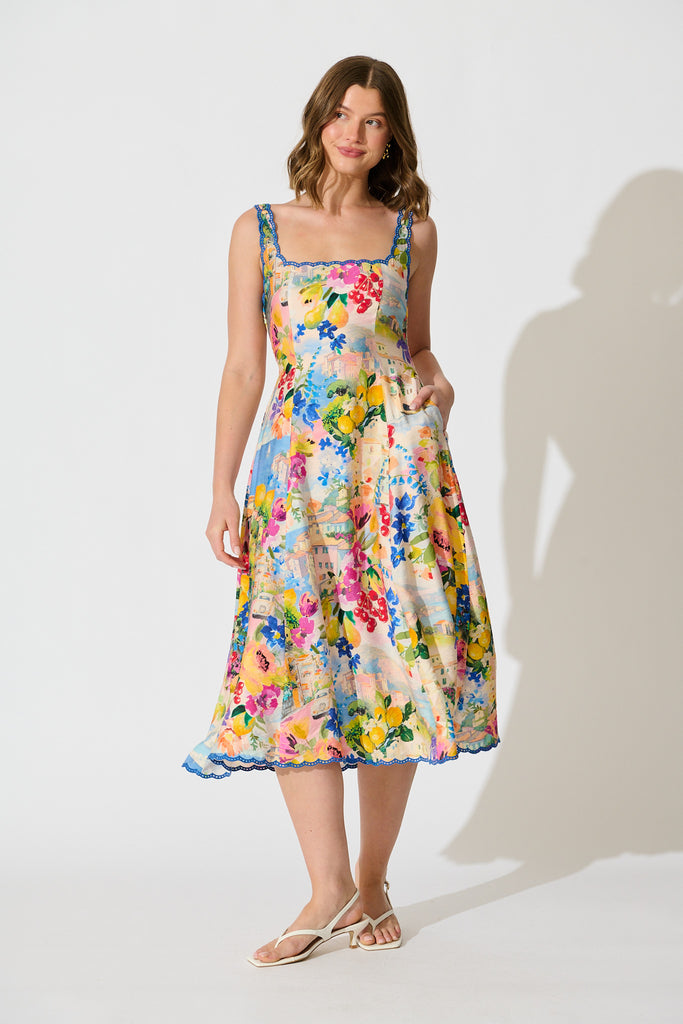 Tuscan Muse Midi Sundress in Multi Floral with Navy Trim full length