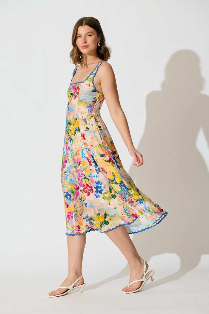 Tuscan Muse Midi Sundress in Multi Floral with Navy Trim side