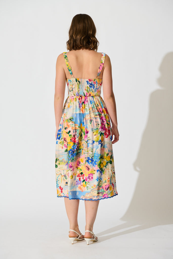 Tuscan Muse Midi Sundress in Multi Floral with Navy Trim back