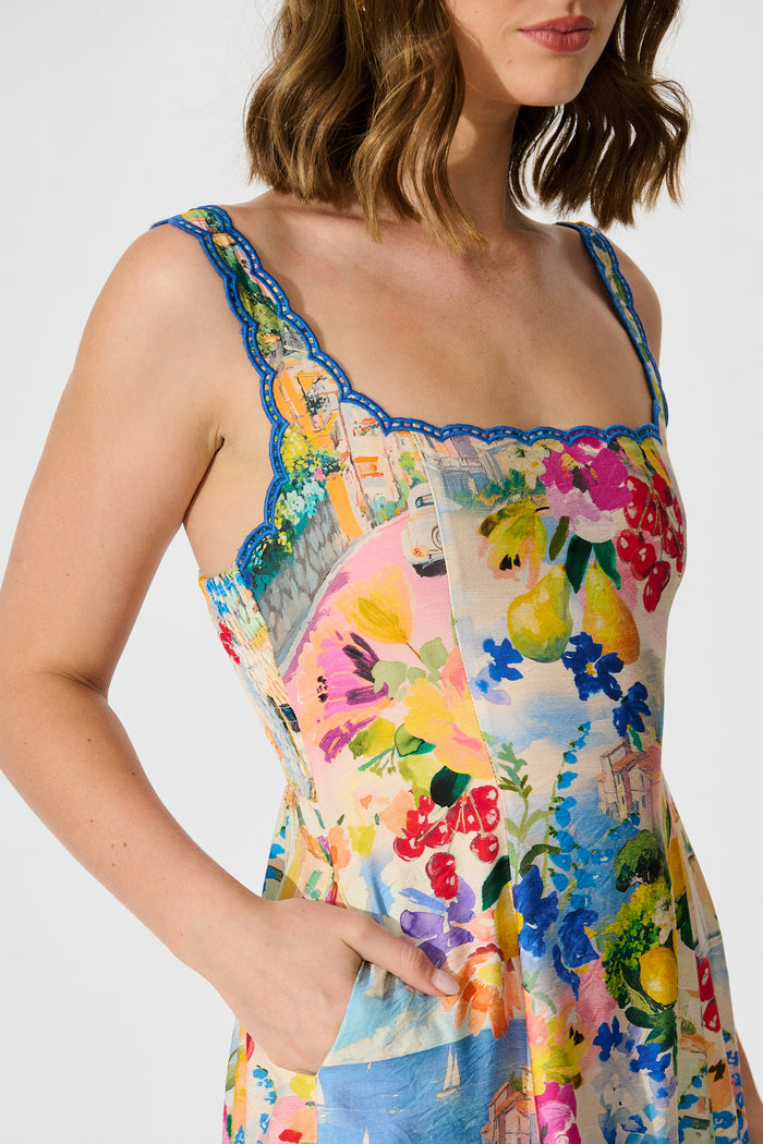 Tuscan Muse Midi Sundress in Multi Floral with Navy Trim detail