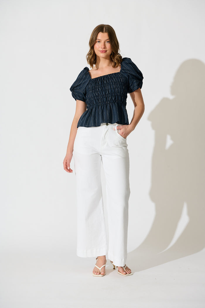 Layne Shirred Top in Navy with White Stripe full length