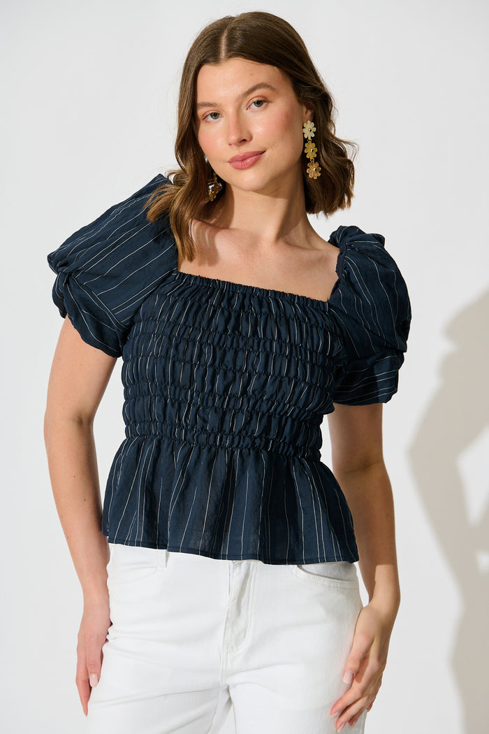 Layne Shirred Top in Navy with White Stripe front