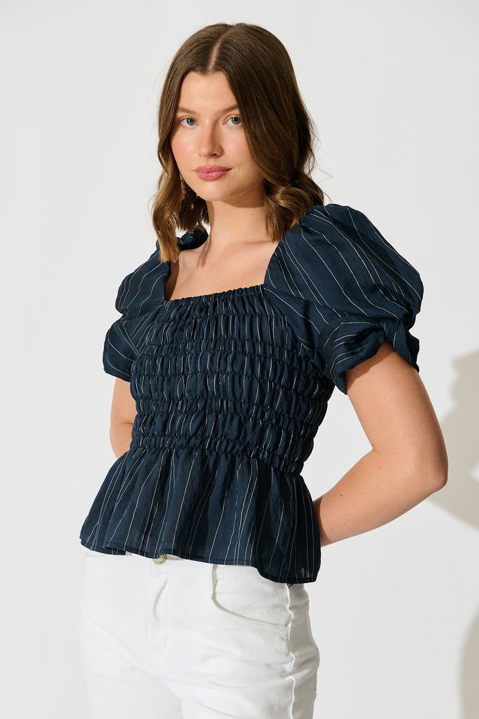 Layne Shirred Top in Navy with White Stripe side