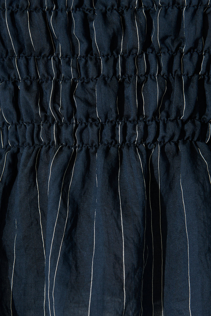 Layne Shirred Top in Navy with White Stripe fabric