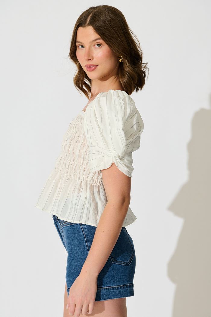 Layne Shirred Top in White with Black Stripe side