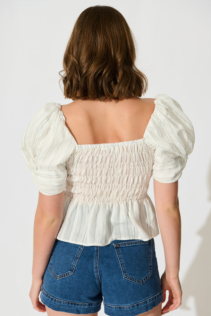 Layne Shirred Top in White with Black Stripe back