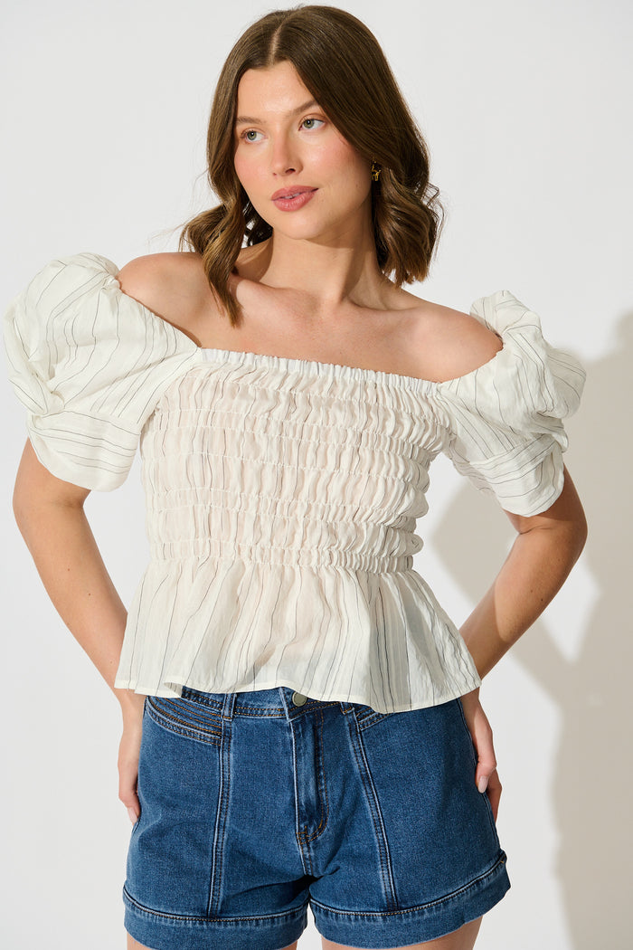 Layne Shirred Top in White with Black Stripe front off shoulder