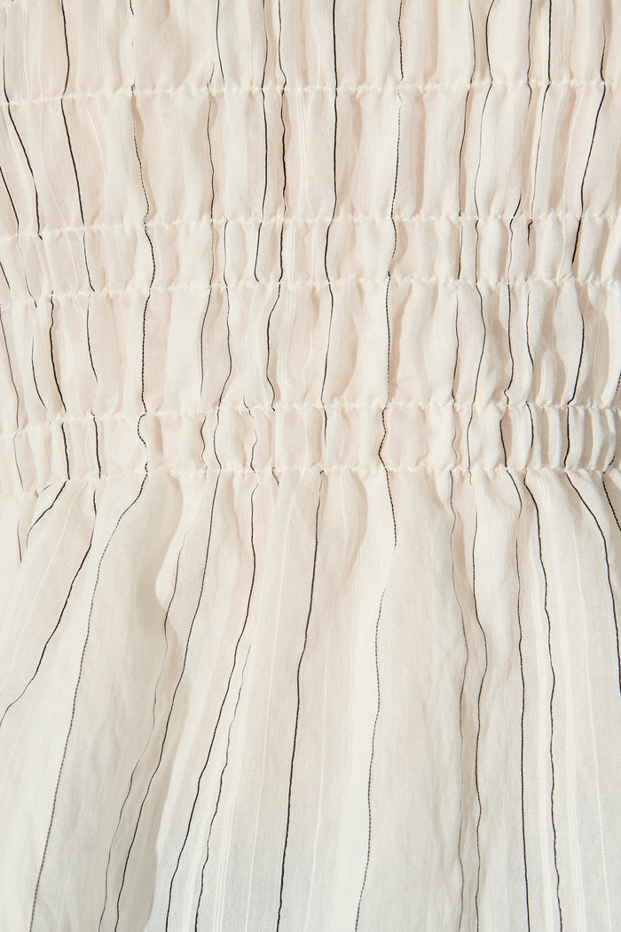 Layne Shirred Top in White with Black Stripe fabric