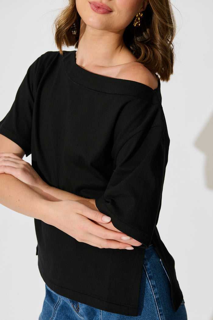 Aveda Off Shoulder T Shirt in Black detail