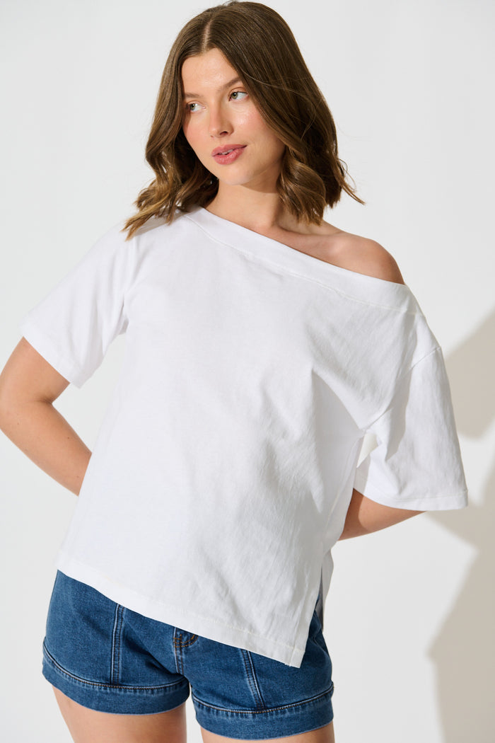 Aveda Off Shoulder T shirt in White front off shoulder