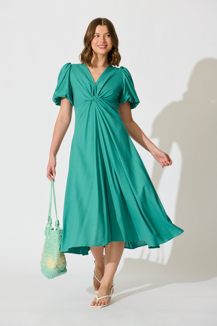Seraphina Bloom Midi Dress in Jade Linen Blend full length