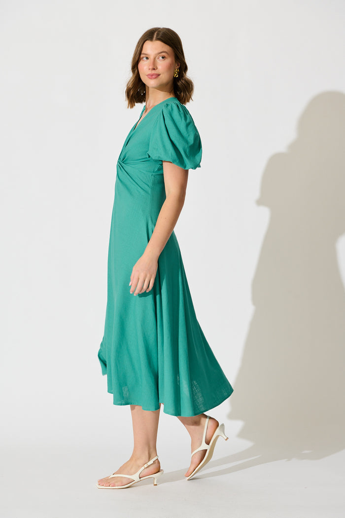 Seraphina Bloom Midi Dress in Jade Linen Blend side