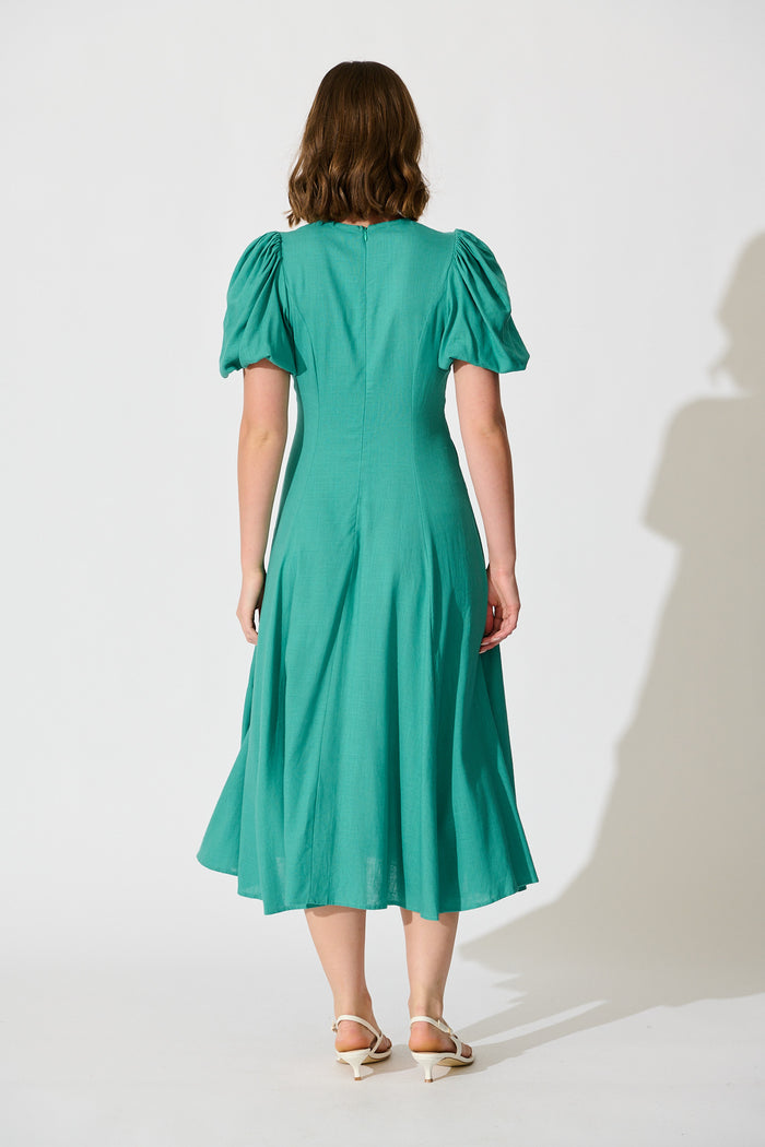 Seraphina Bloom Midi Dress in Jade Linen Blend back