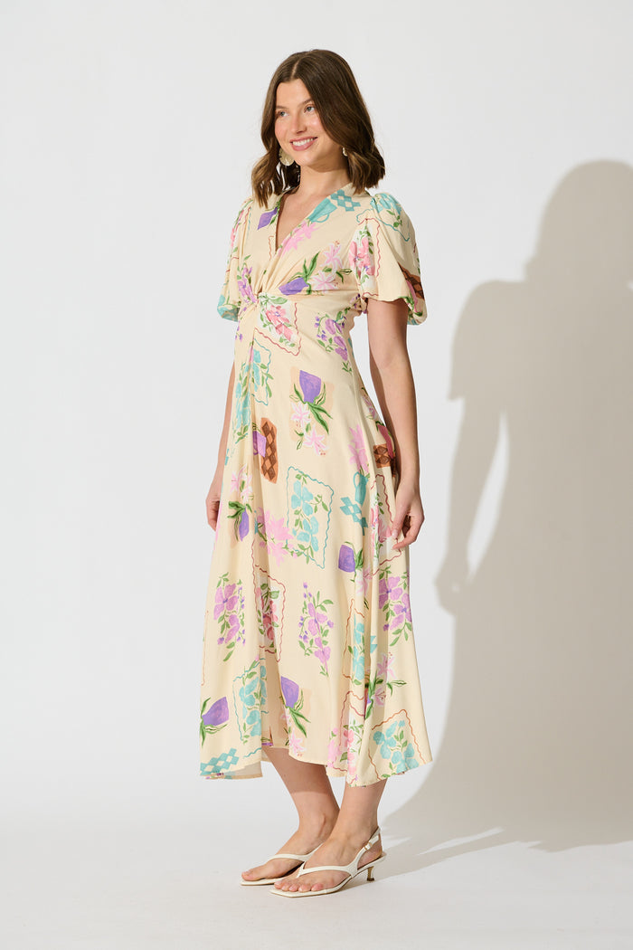 Seraphina Bloom Midi Dress in Multi Conversational Print side