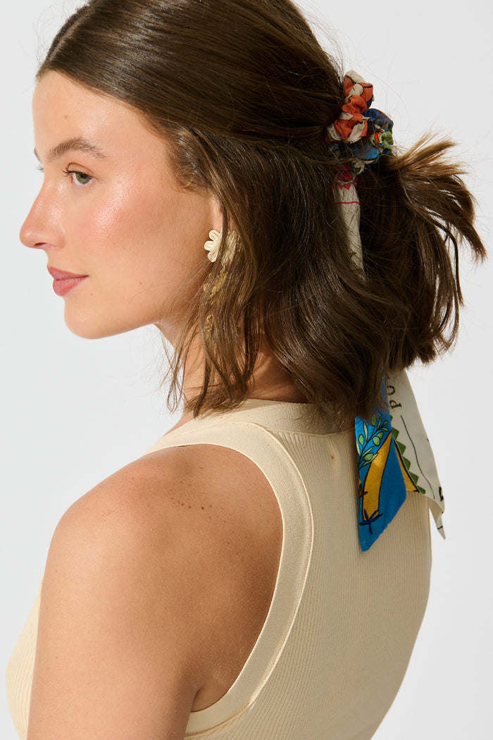 Jody Scrunchie with Tails in Multi Tile Print on model side