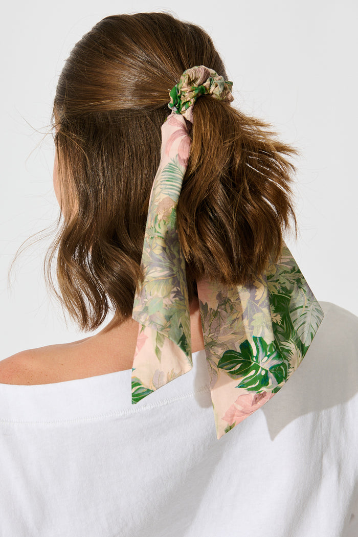 Jody Scrunchie with Tails in Multi Palm Tree Print on model back