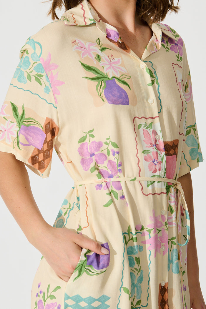 Arabella Garden Shirt Dress in Multi Conversational Print detail