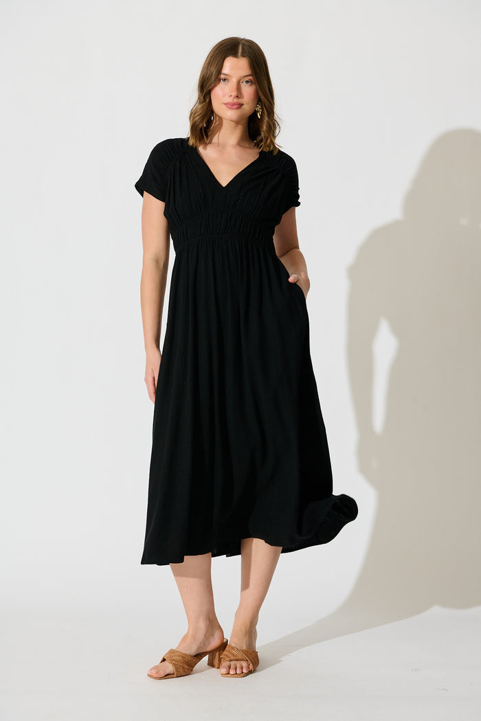 Ismaria Midi Dress in Black Linen Blend full length