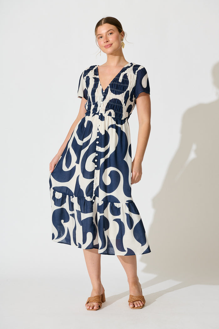 Calandra Midi Dress in Navy Swirl Linen Blend full length
