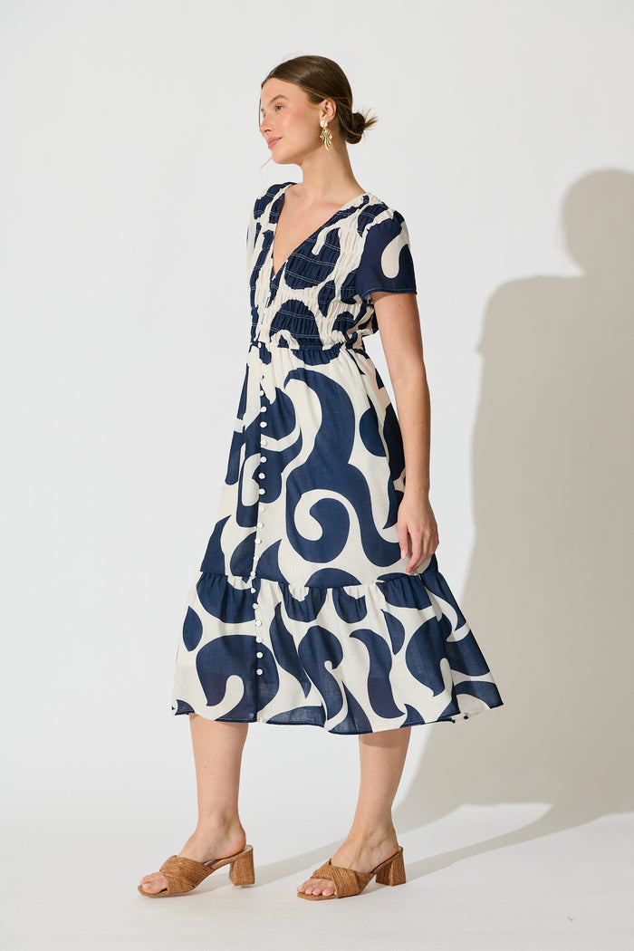 Calandra Midi Dress in Navy Swirl Linen Blend side