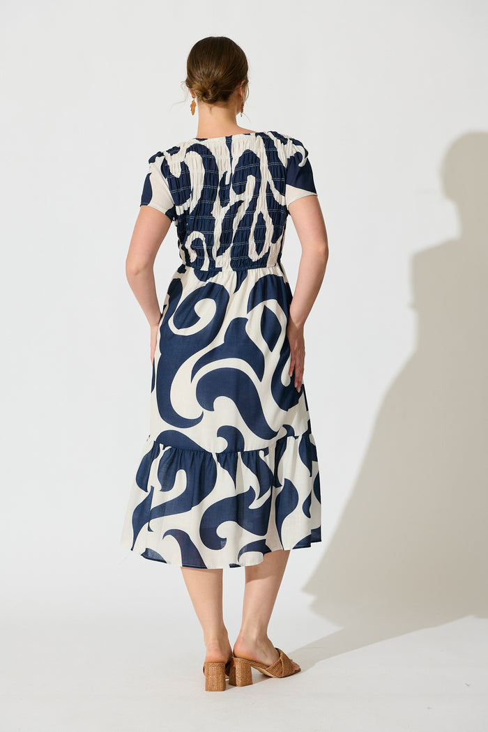 Calandra Midi Dress in Navy Swirl Linen Blend back