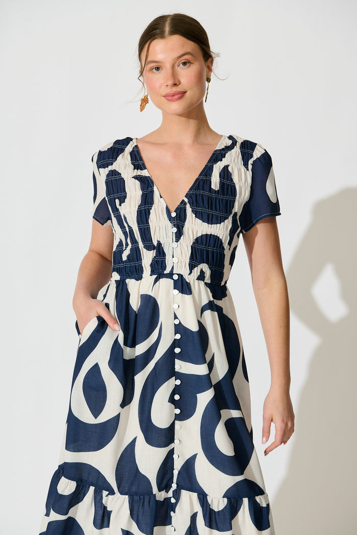 Calandra Midi Dress in Navy Swirl Linen Blend front