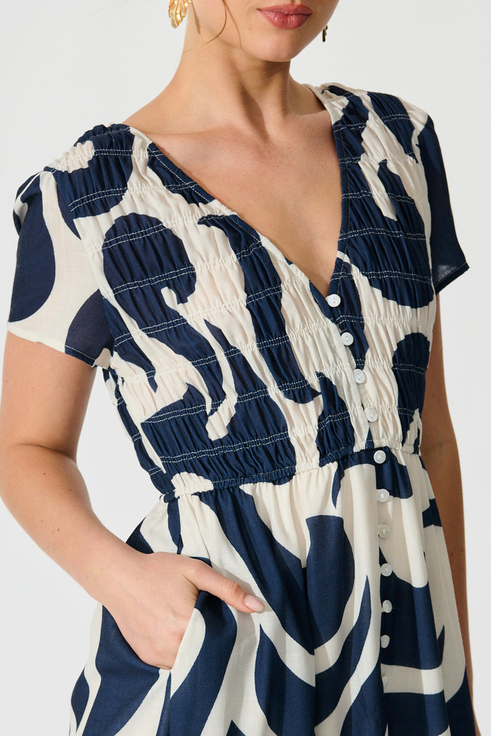 Calandra Midi Dress in Navy Swirl Linen Blend detail