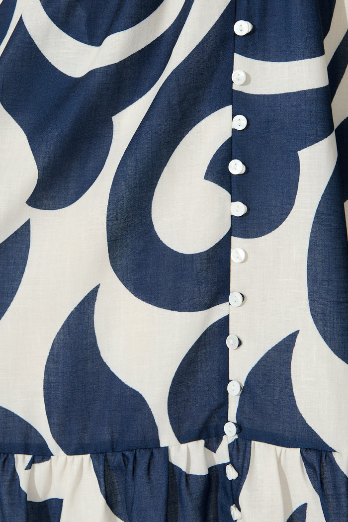 Calandra Midi Dress in Navy Swirl Linen Blend fabric