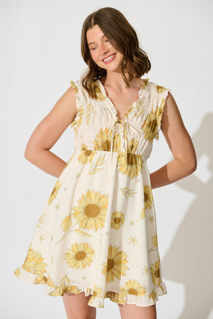 Jenavive Dress in Cream with Yellow Sunflower Linen Blend front