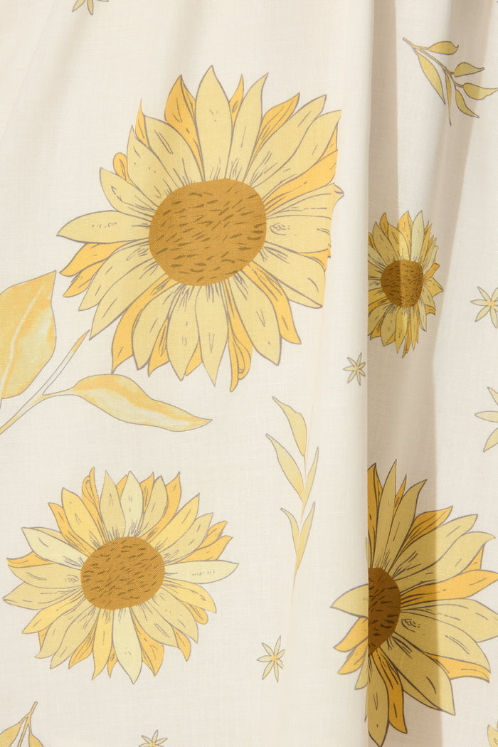 Jenavive Dress in Cream with Yellow Sunflower Linen Blend fabric