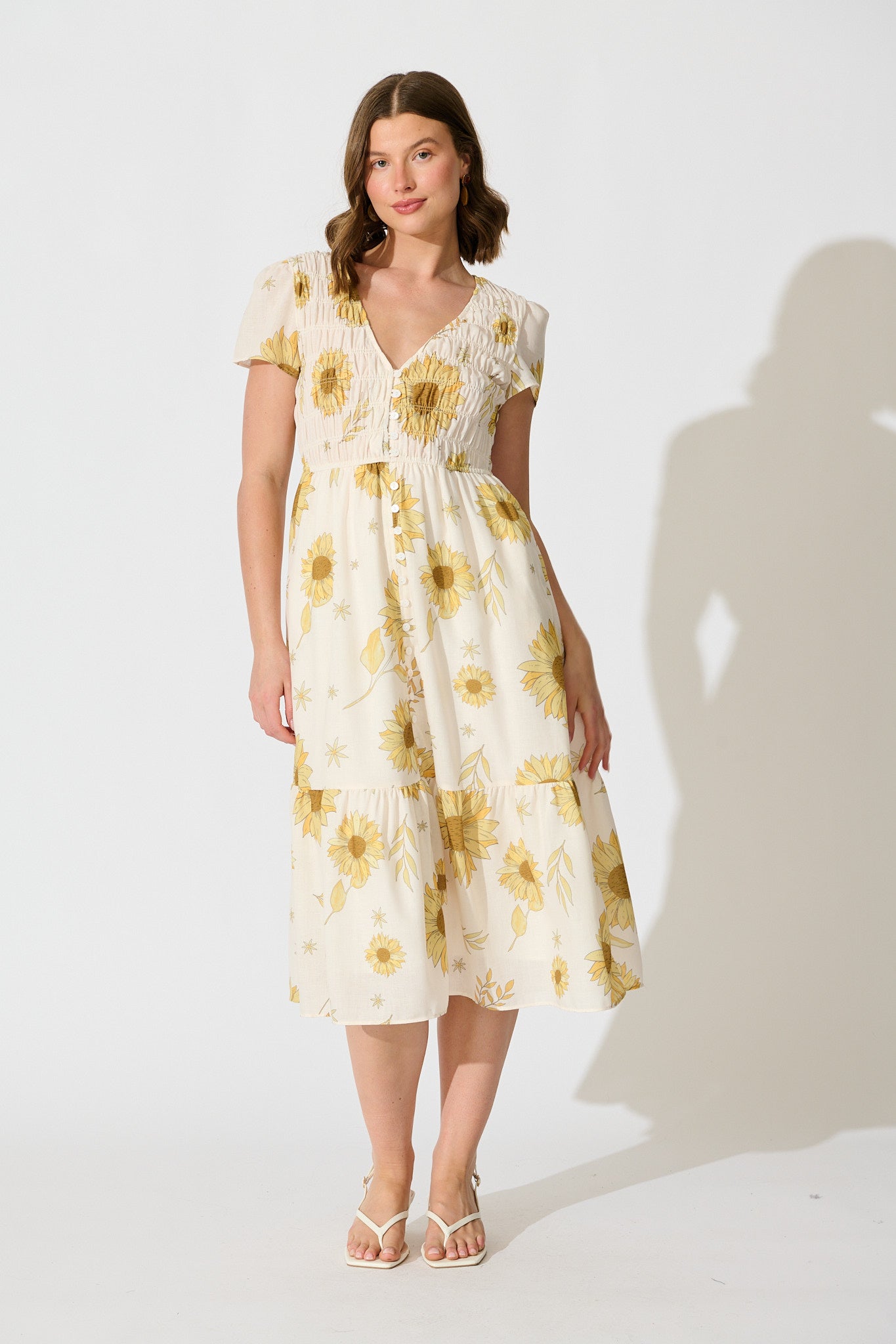 Aventine Midi Dress in Cream with Yellow Linen Blend | St Frock
