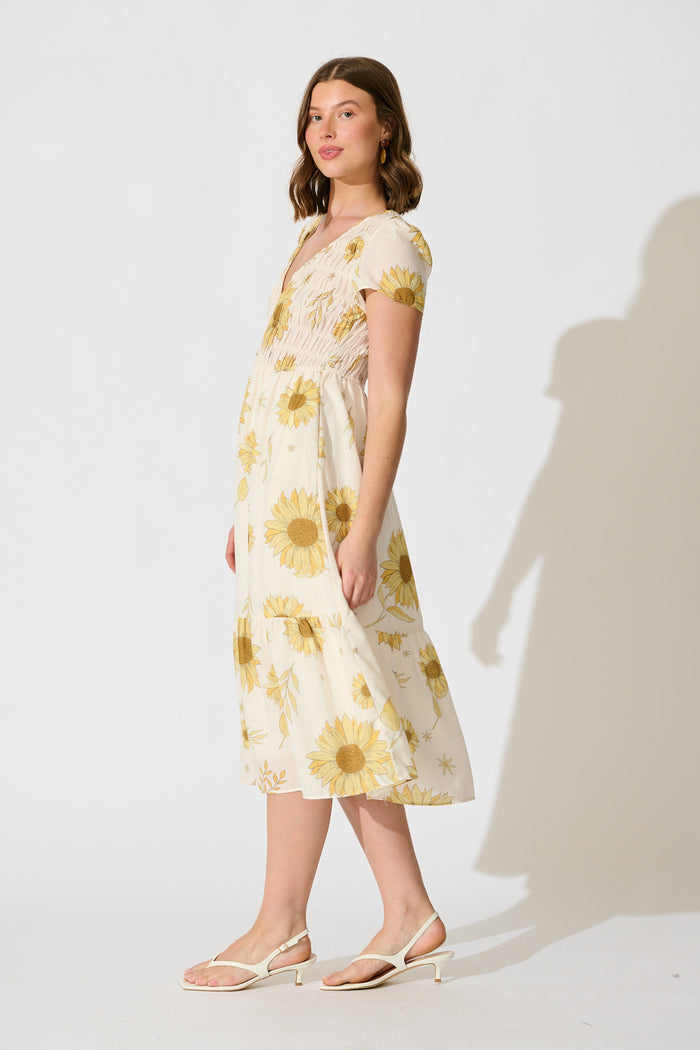 Aventine Midi Dress in Cream with Yellow Linen Blend side