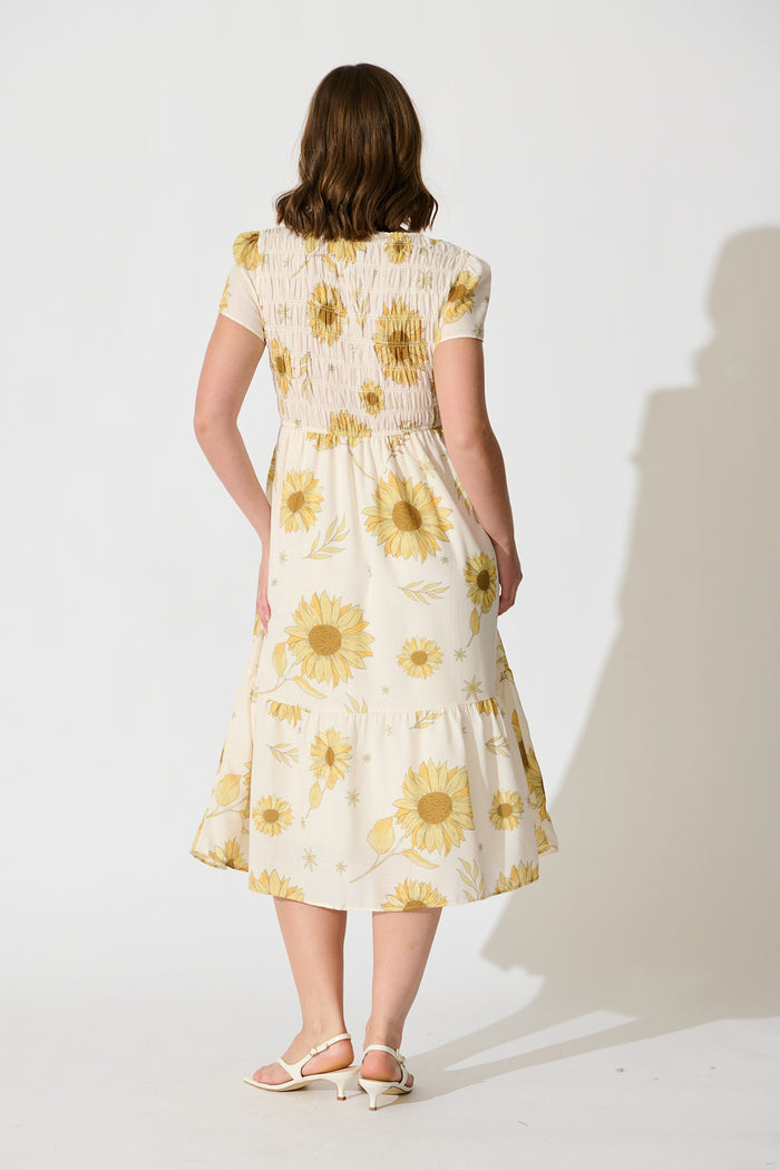 Aventine Midi Dress in Cream with Yellow Linen Blend back