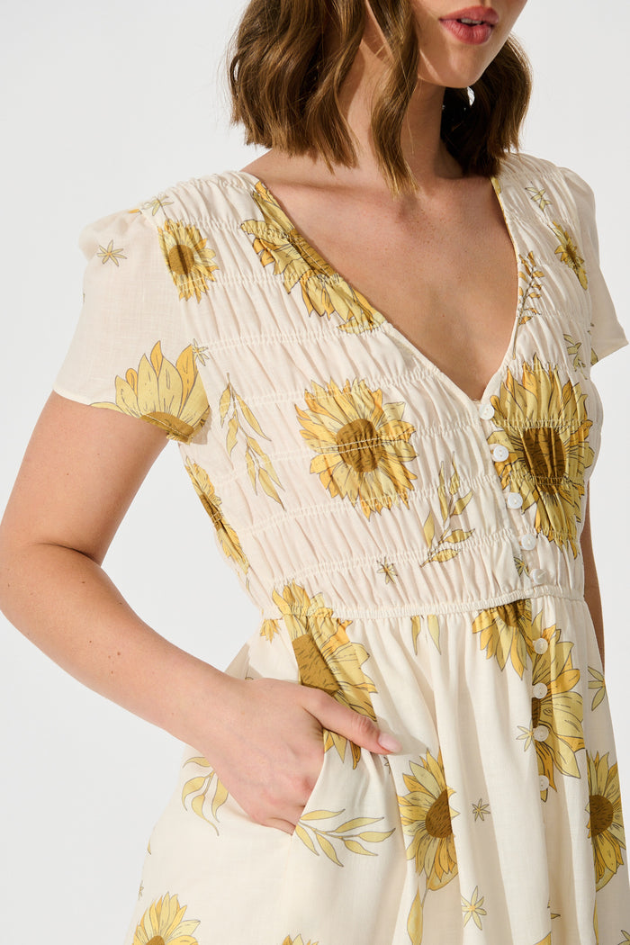 Aventine Midi Dress in Cream with Yellow Linen Blend detail