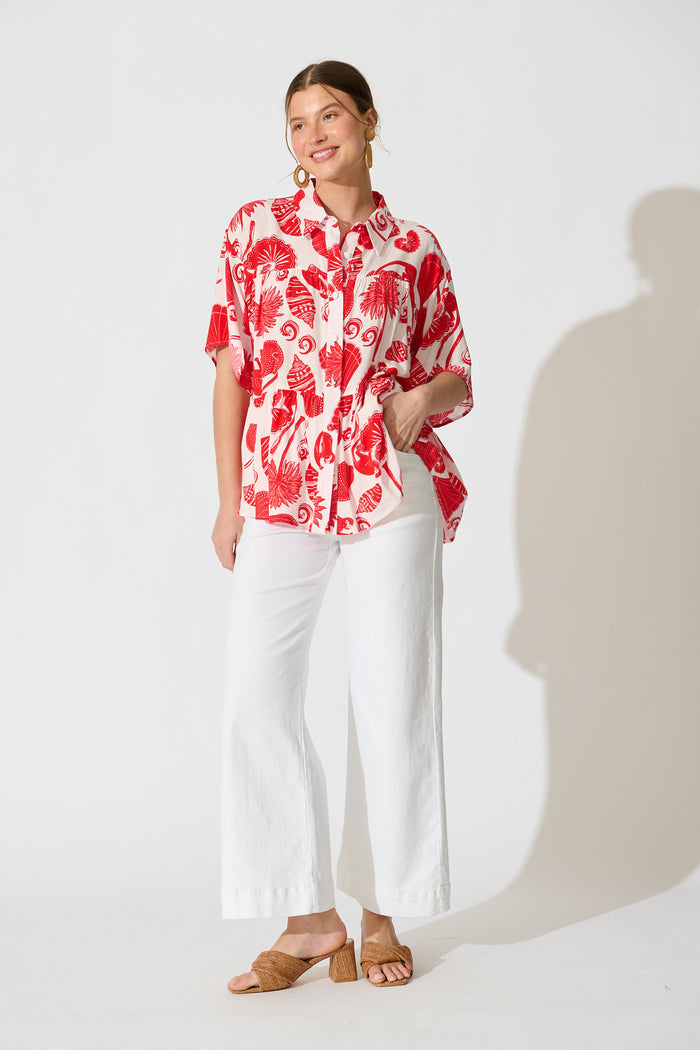 Deltina Shirt in Off White with Red Shell Print full length