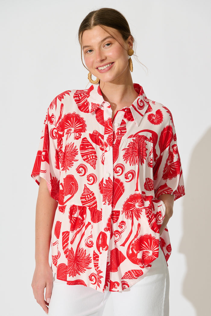 Deltina Shirt in Off White with Red Shell Print front