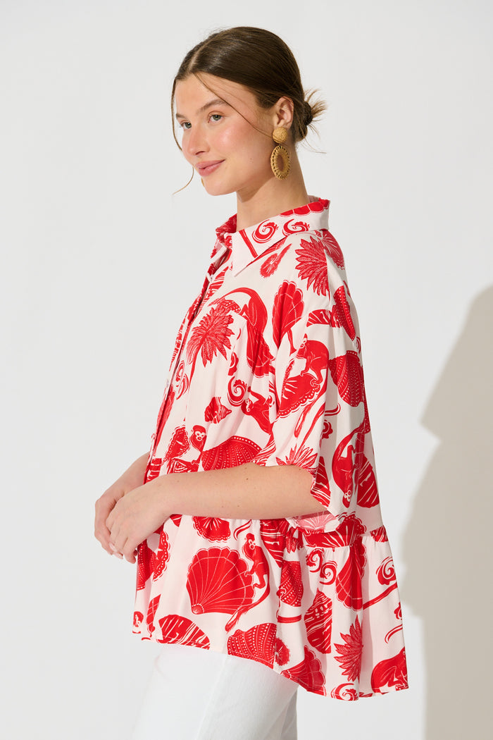 Deltina Shirt in Off White with Red Shell Print side
